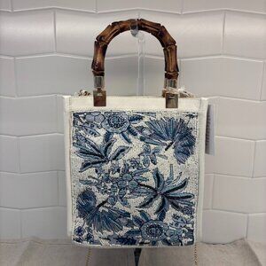 Viral Beaded Satchel bag w/ Bamboo Handles - Made in India - Blue and White